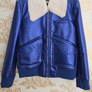 Blue Leather Jacket with Cream Collar